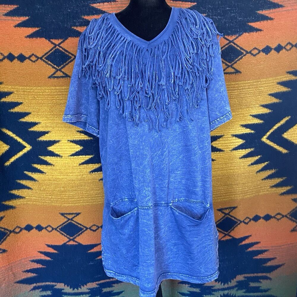 Y2K NWT Crystal Brand Blue Fringe Tunic Dress. Pockets. Size Large. V Neck.
